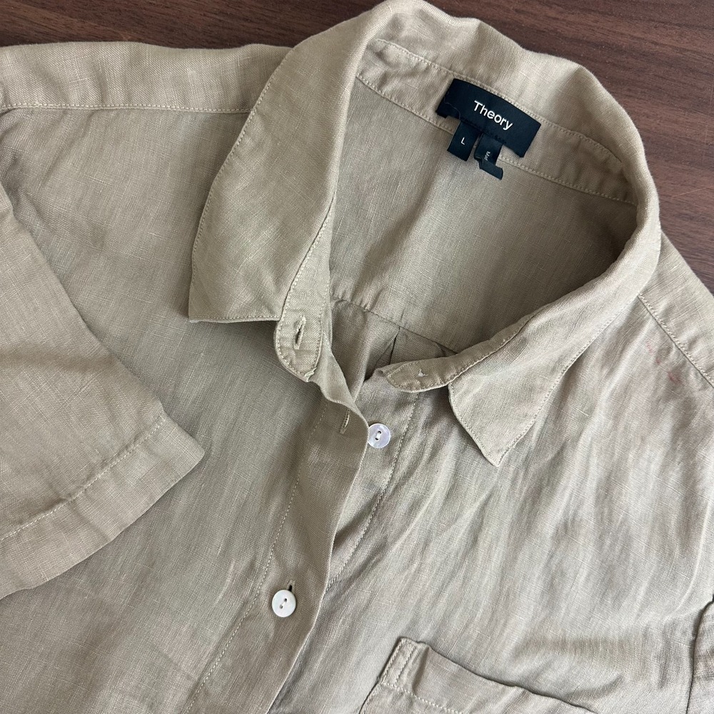Theory Linen Shirt Tan Short Sleeve Pocket Button Up Casual Wear Womens L Read